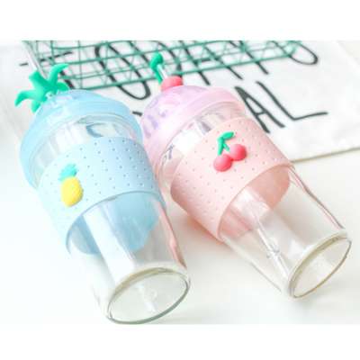 BPA FREE 450 ML Glass Water Bottle Colorful Silicone Sleeve Glass Bottle Drinking With Wheat Straw