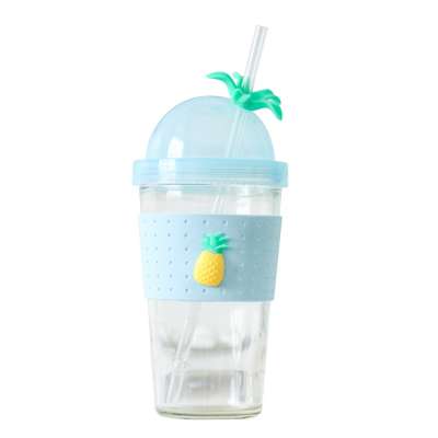 Best price 450ml glass juice water bottle with straw fruit drinking glass bottle with silicone sleeve